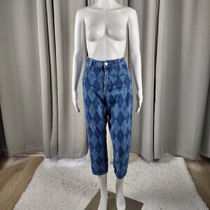 Rue 21 100% Cotton Blue Diamond Check Denim Capri Jeans Pants 5 Pocket Size 12